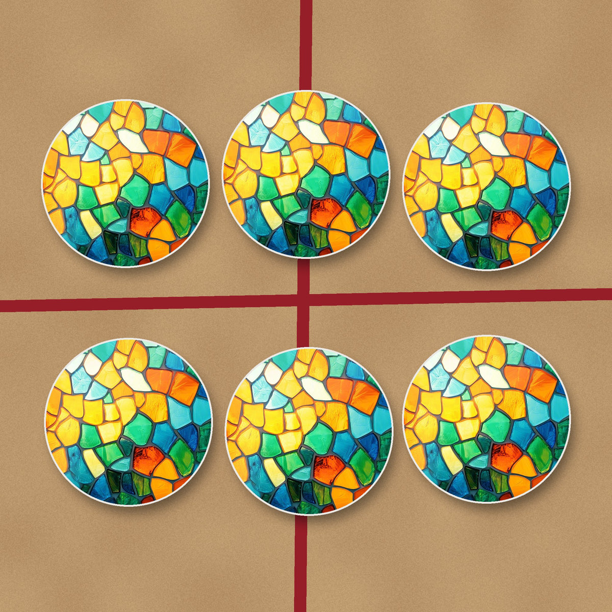 Sunny Stained Glass Mosaic round ceramic coasters on kraft gift wrap
