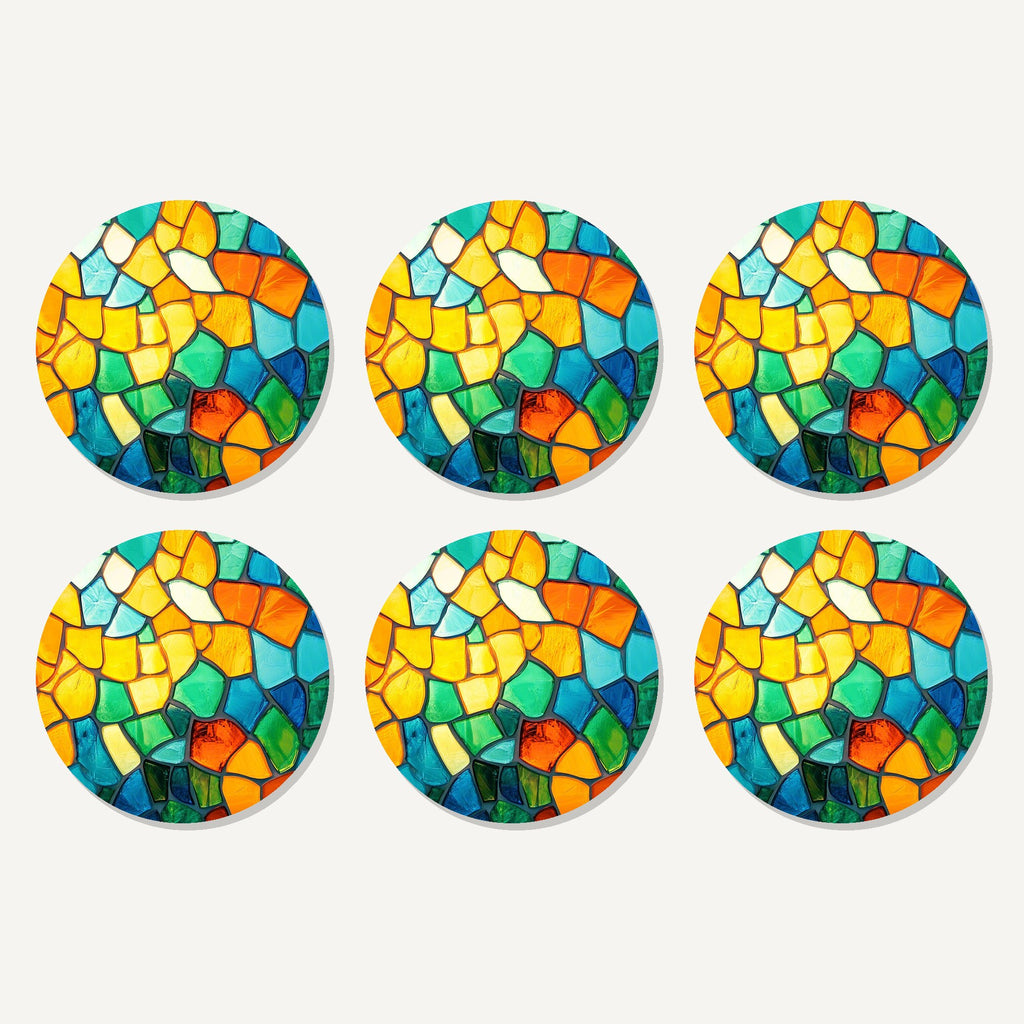 Flat lay of the sunny stained glass mosaic artwork on six round coasters