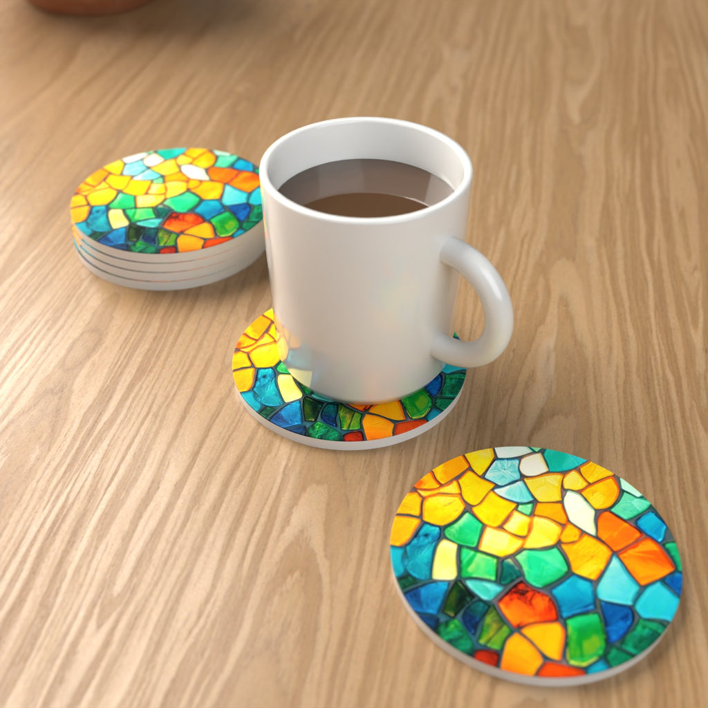 Sunny Stained Glass Mosaic Round Ceramic Coasters – Set of 6 – lifestyle mockup with a mug of coffee