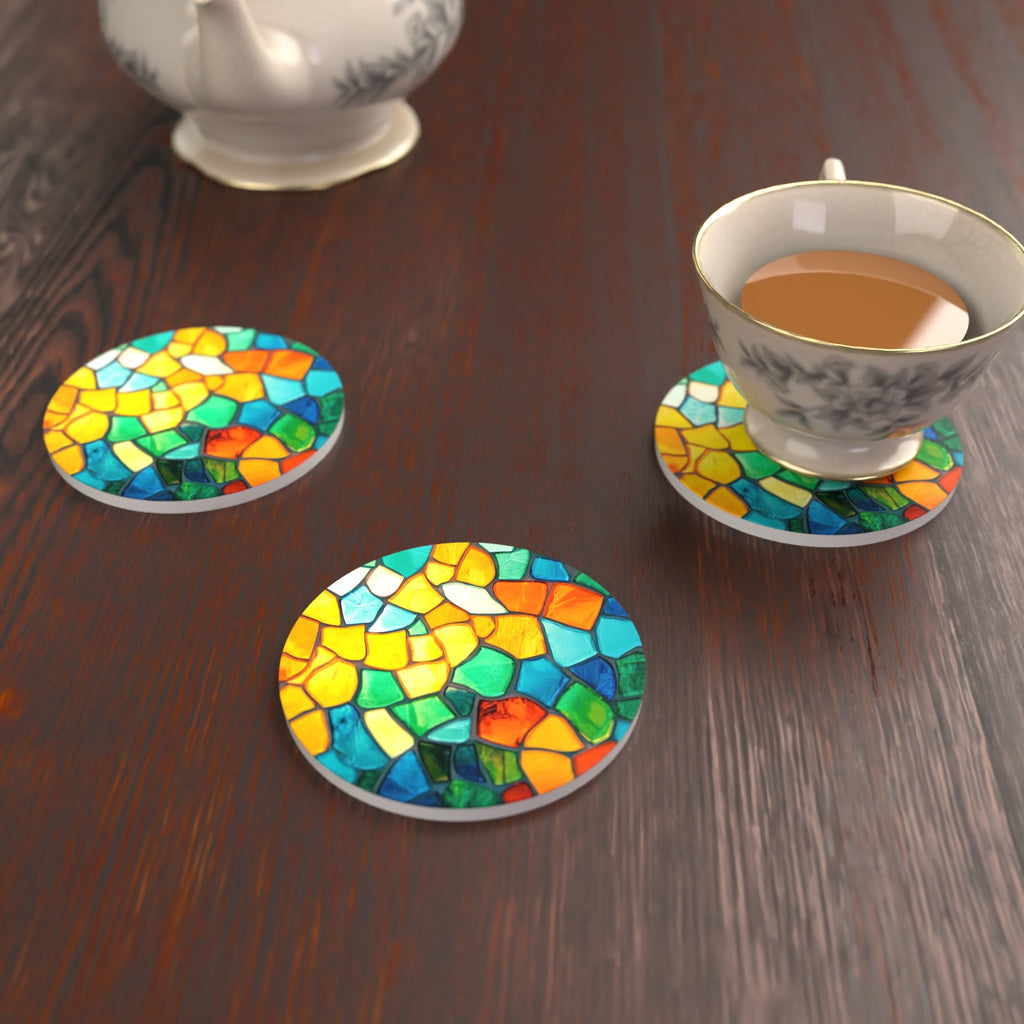 Sunny Stained Glass Mosaic Round Ceramic Coasters – Set of 6 – lifestyle mockup with a teacup