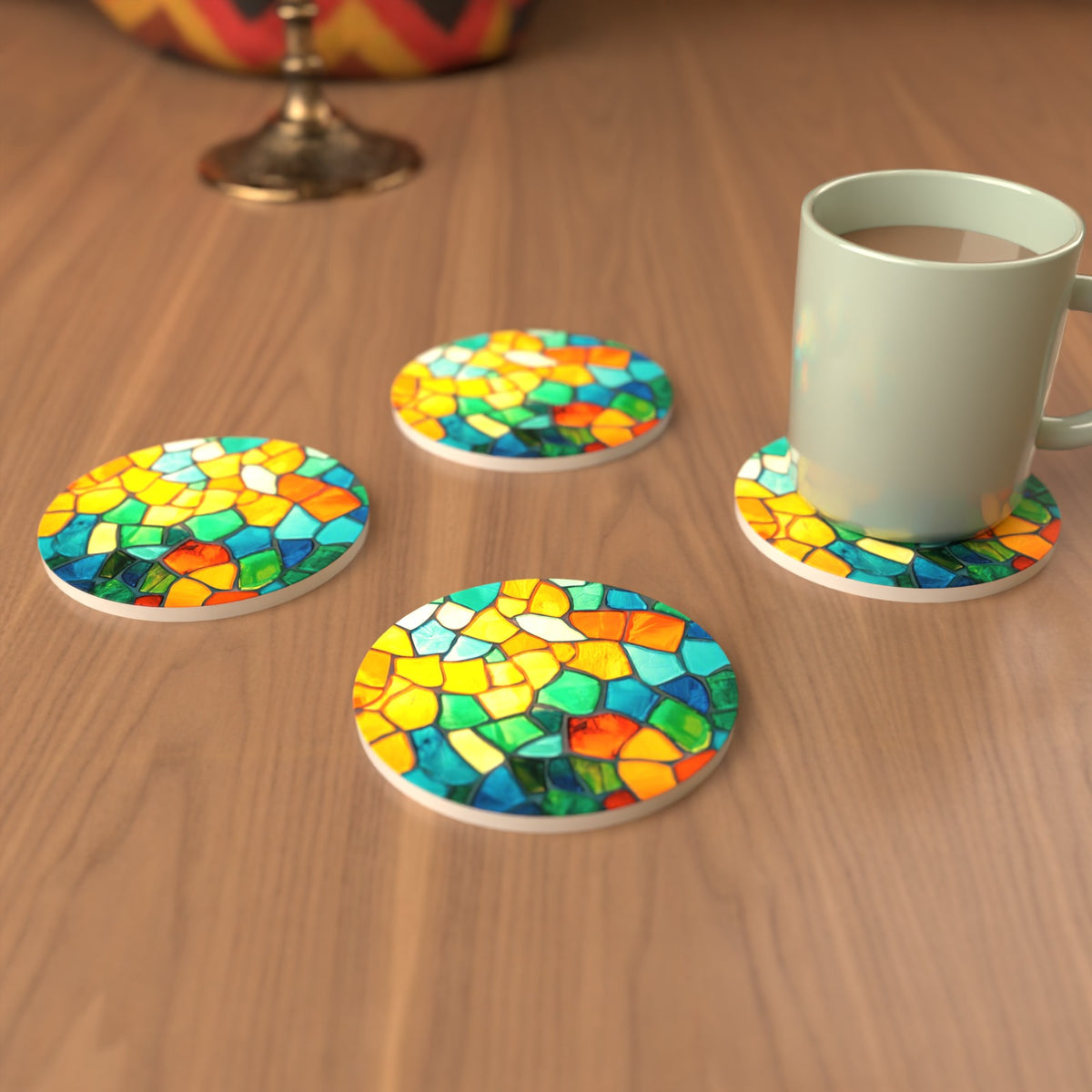 Sunny Stained Glass Mosaic Round Ceramic Coasters – Set of 6 – cosy lifestyle mockup