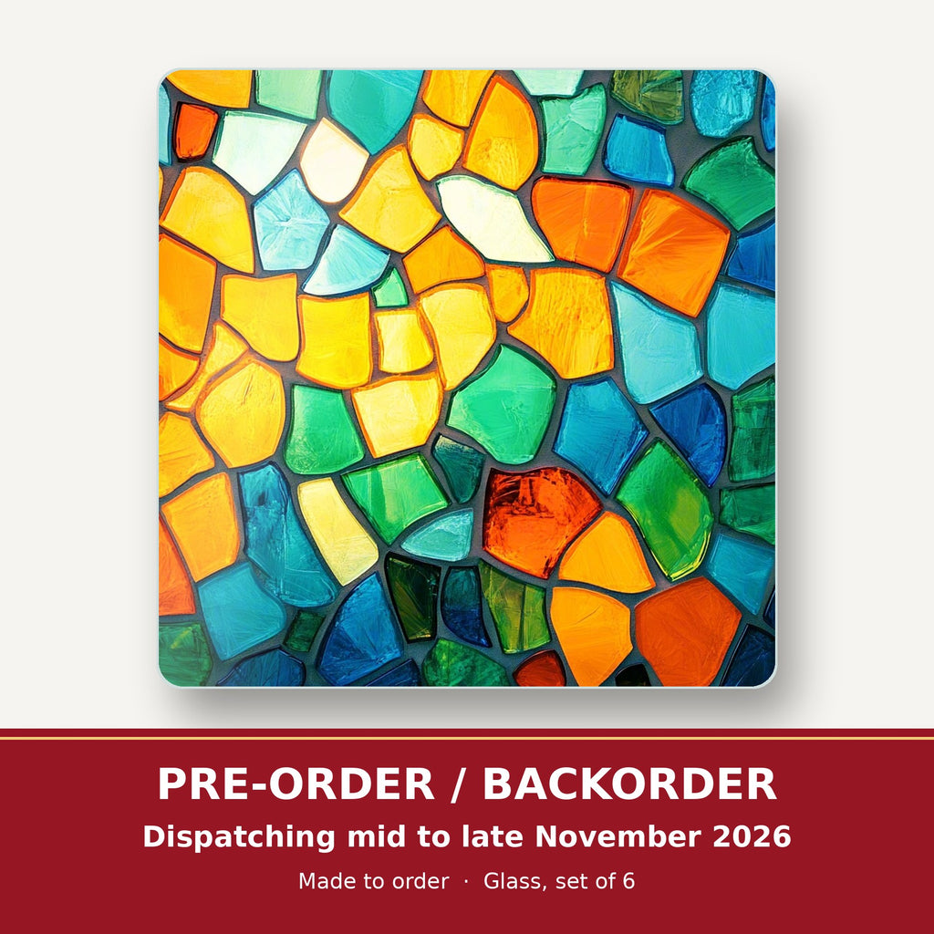 Sunny Stained Glass Mosaic square glass coaster set of 6 – pre-order / backorder, dispatching mid to late November 2026