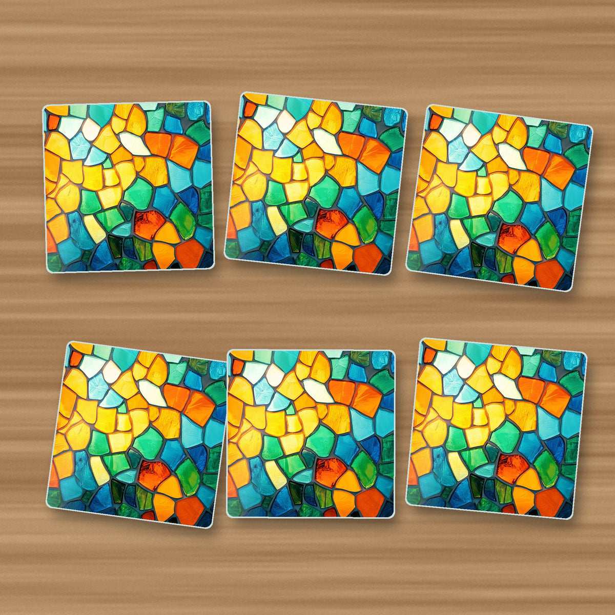 Sunny Stained Glass Mosaic square glass coasters, set of 6, on an oak coffee table