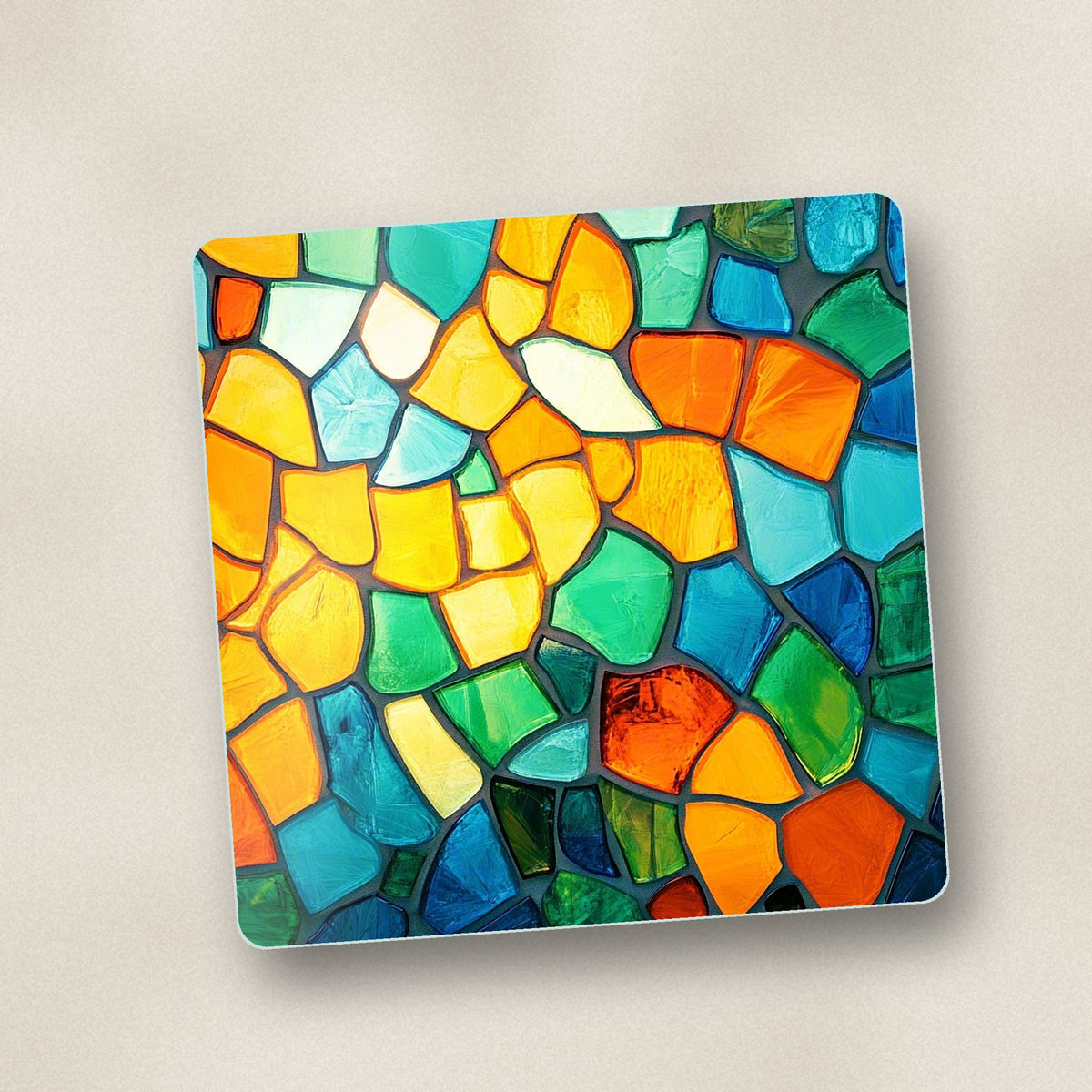 Close-up of one sunny stained glass mosaic square glass coaster, flat UV print