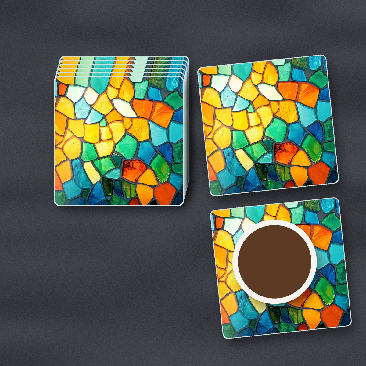 Sunny Stained Glass Mosaic square glass coasters stacked on a slate kitchen worktop