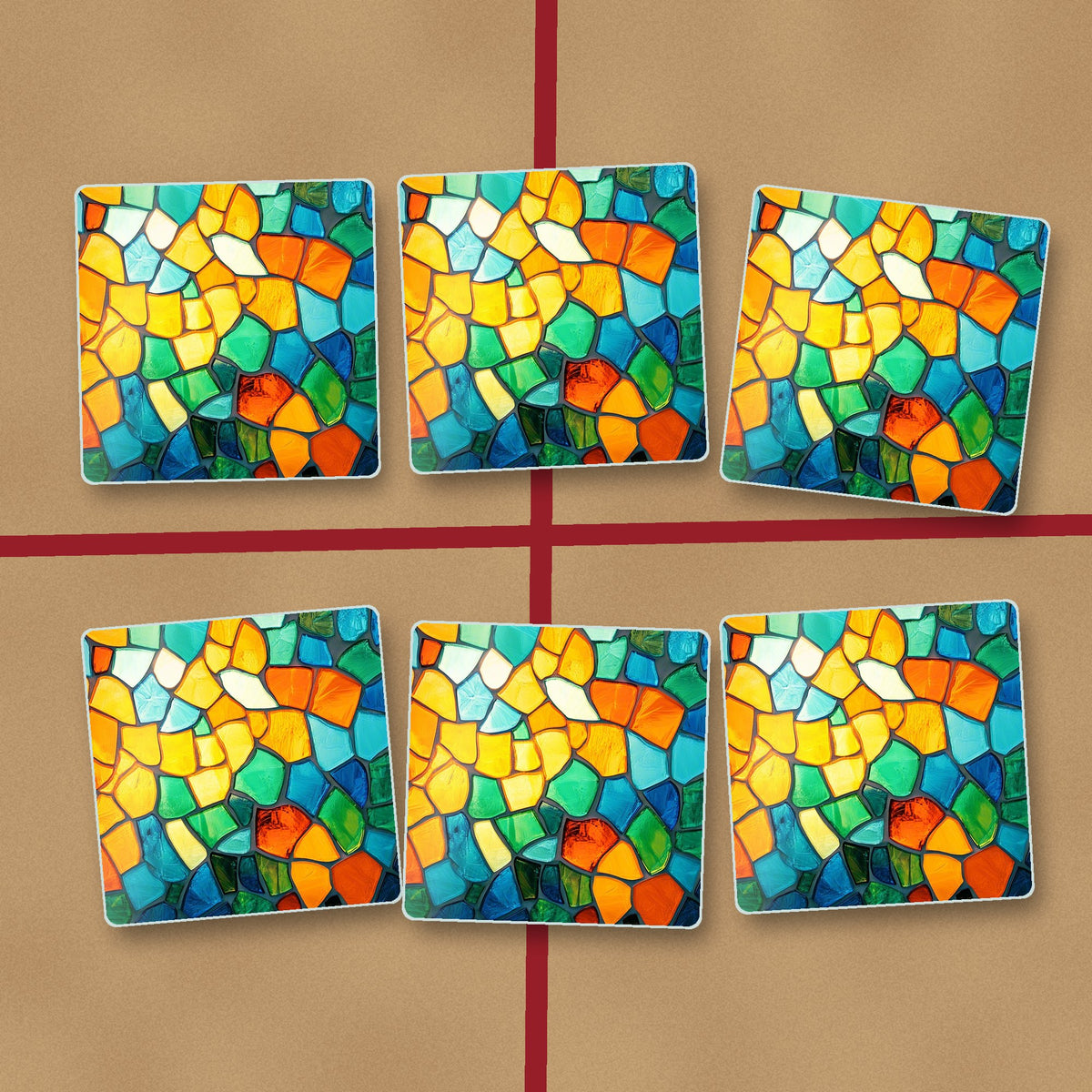 Sunny Stained Glass Mosaic square glass coasters on kraft gift wrap
