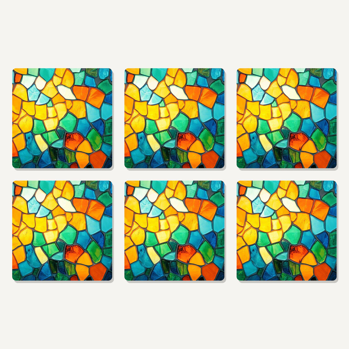 Flat lay of the sunny stained glass mosaic artwork on six square coasters