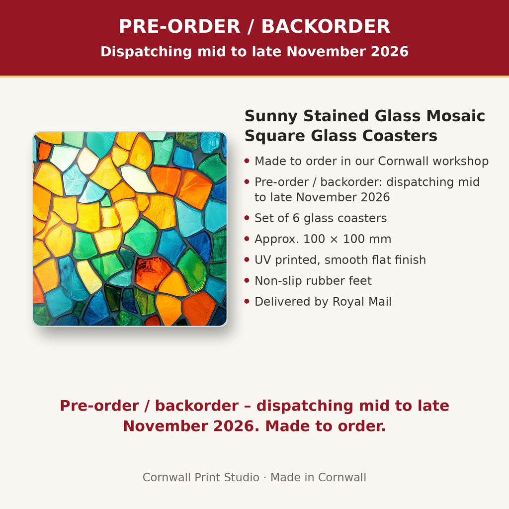 Info card: Sunny Stained Glass Mosaic Square Glass Coasters – Set of 6, made to order, dispatching mid to late November 2026, delivered by Royal Mail