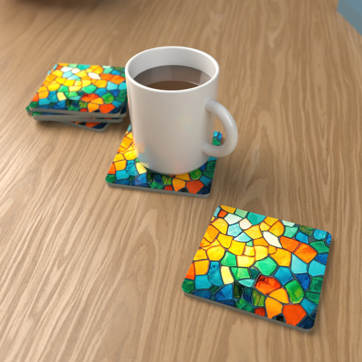 Sunny Stained Glass Mosaic Square Glass Coasters – Set of 6 – lifestyle mockup with a mug of coffee