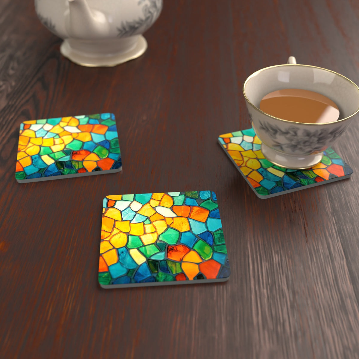 Sunny Stained Glass Mosaic Square Glass Coasters – Set of 6 – lifestyle mockup with a teacup