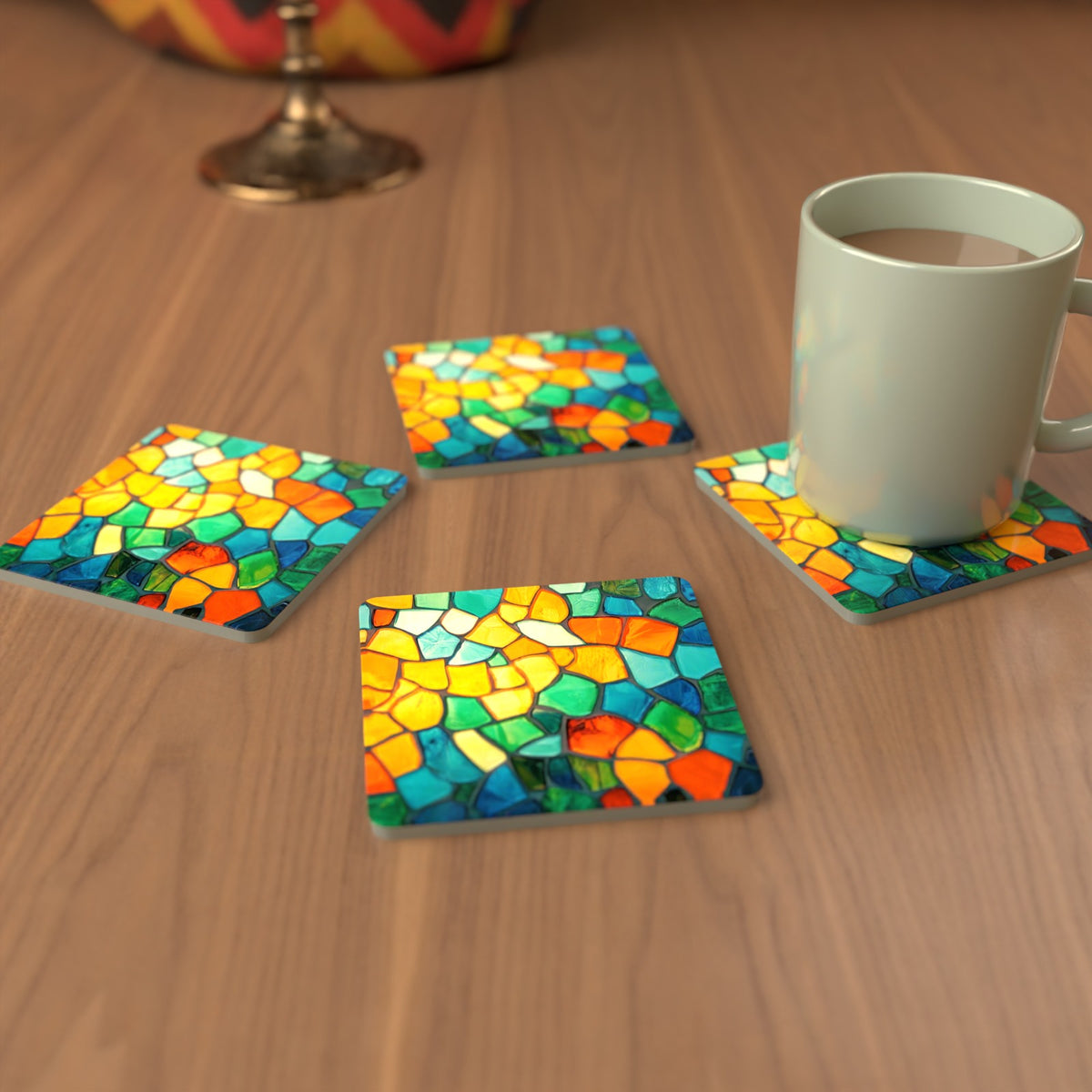 Sunny Stained Glass Mosaic Square Glass Coasters – Set of 6 – cosy lifestyle mockup