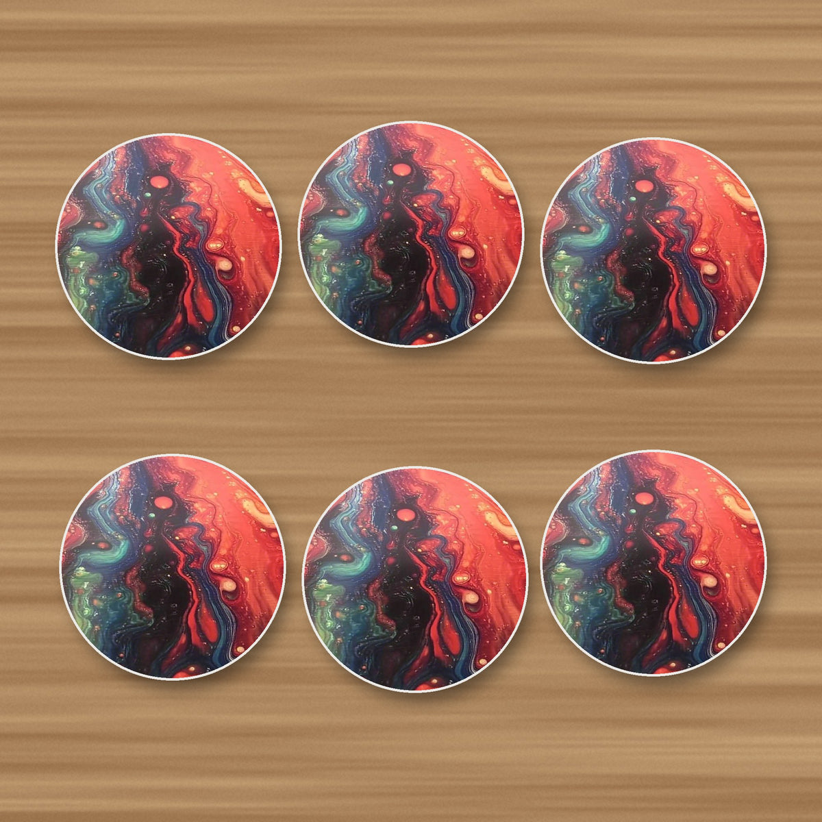 Red & Teal Fluid Art round ceramic coasters, set of 6, on an oak coffee table