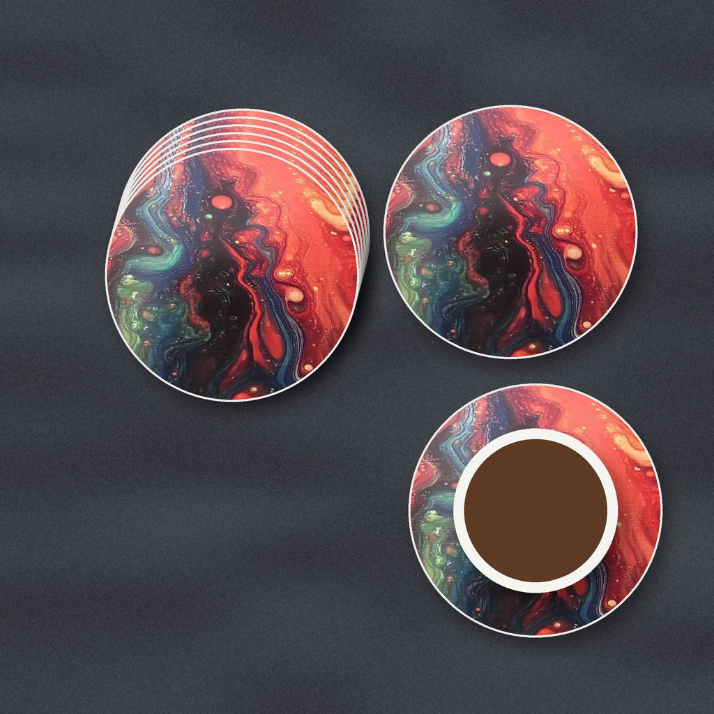 Red & Teal Fluid Art round ceramic coasters stacked on a slate kitchen worktop