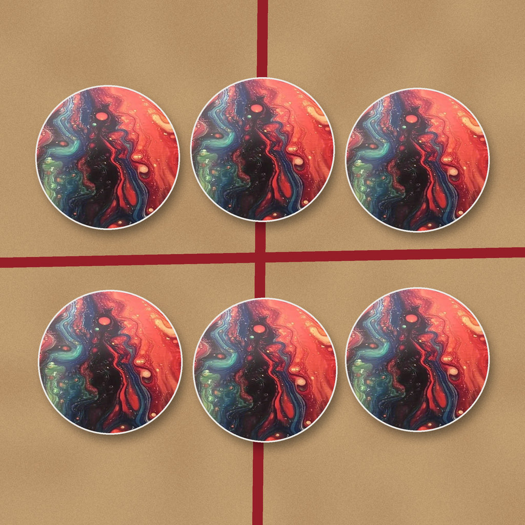 Red & Teal Fluid Art round ceramic coasters on kraft gift wrap