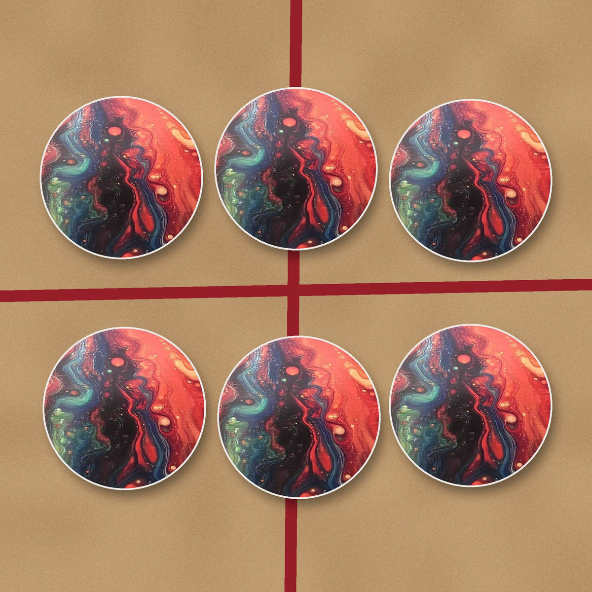 Red & Teal Fluid Art round ceramic coasters on kraft gift wrap