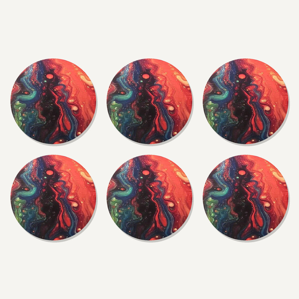 Flat lay of the red & teal fluid art artwork on six round coasters