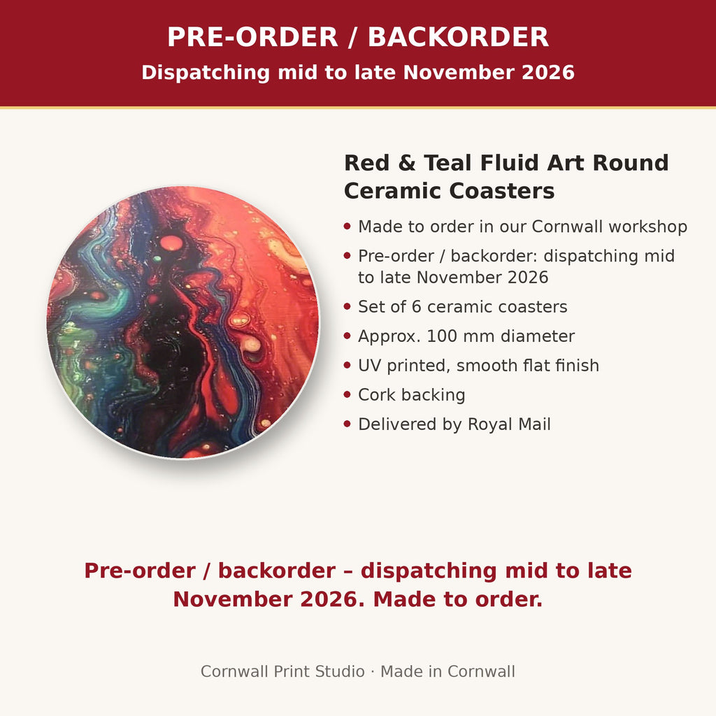 Info card: Red & Teal Fluid Art Round Ceramic Coasters – Set of 6, made to order, dispatching mid to late November 2026, delivered by Royal Mail