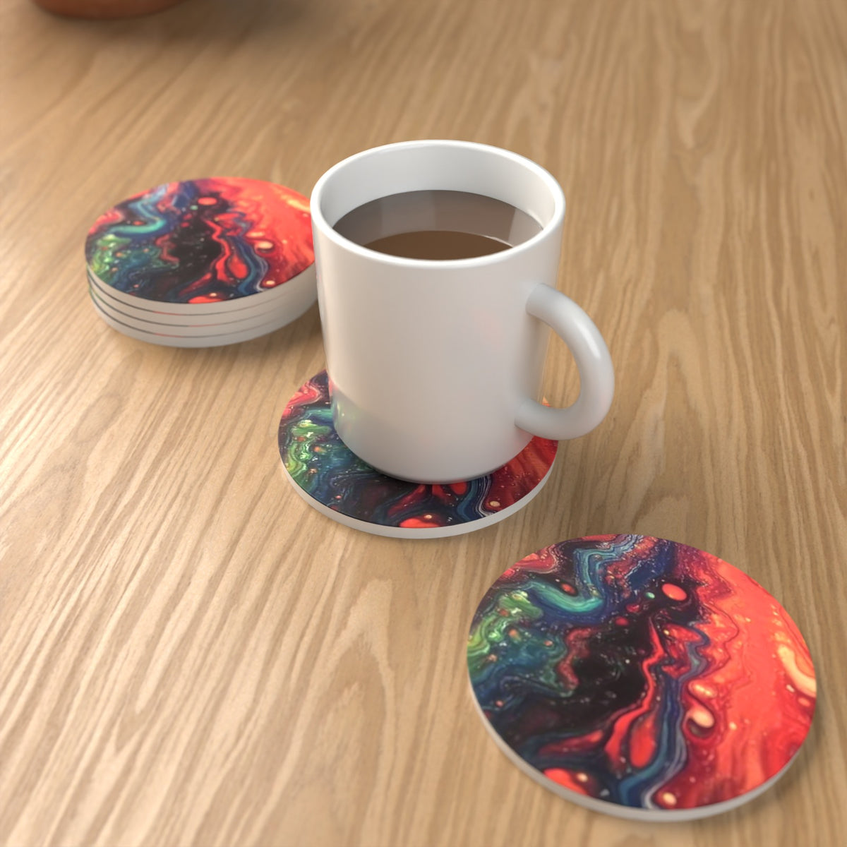 Red & Teal Fluid Art Round Ceramic Coasters – Set of 6 – lifestyle mockup with a mug of coffee