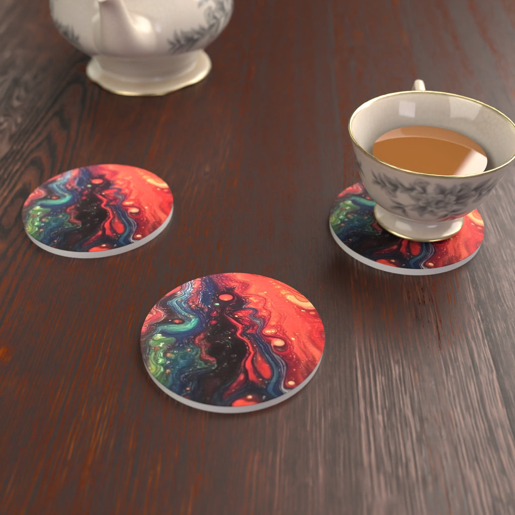 Red & Teal Fluid Art Round Ceramic Coasters – Set of 6 – lifestyle mockup with a teacup
