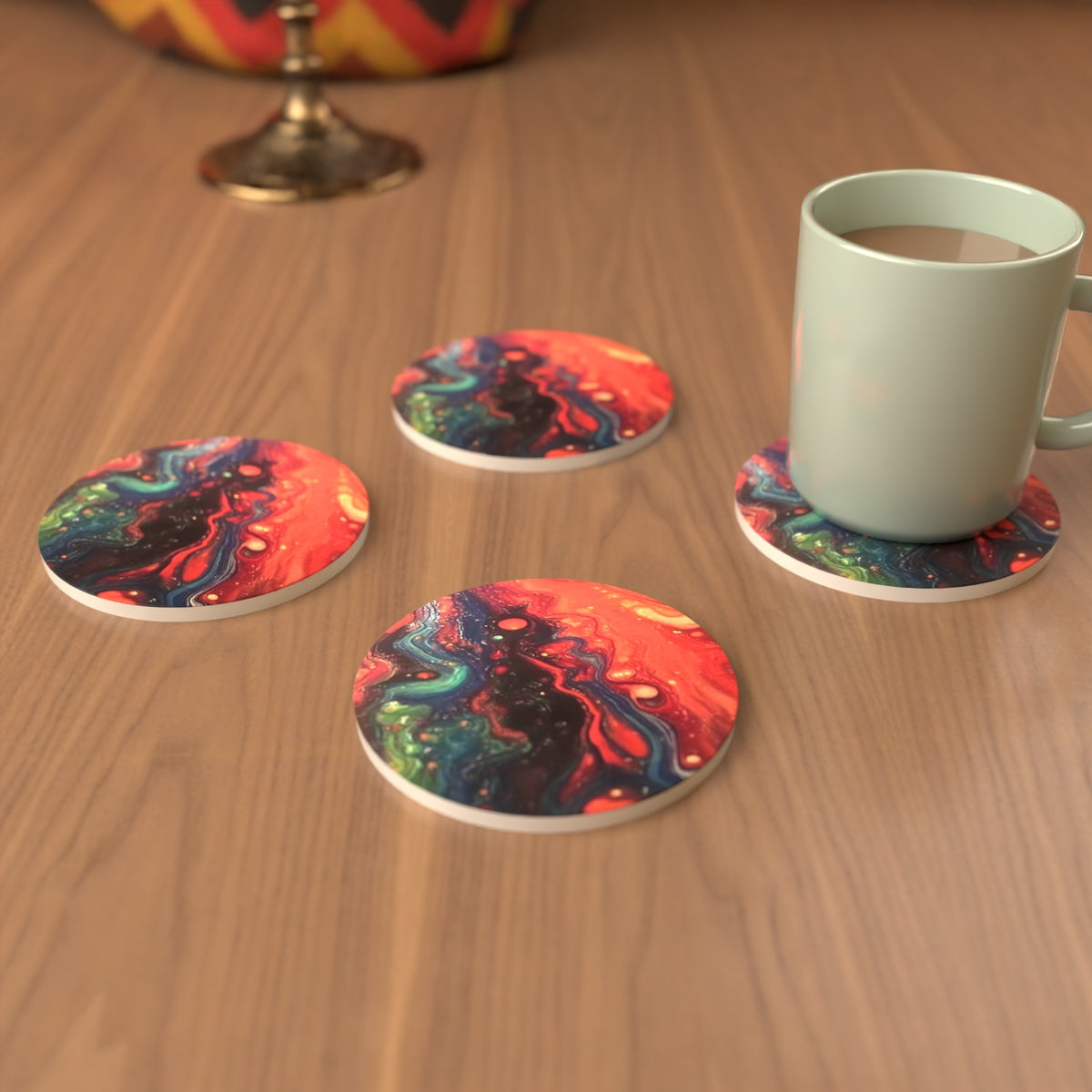 Red & Teal Fluid Art Round Ceramic Coasters – Set of 6 – cosy lifestyle mockup