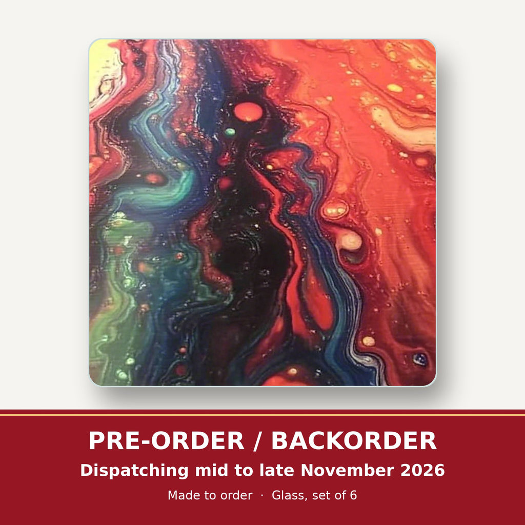 Red & Teal Fluid Art square glass coaster set of 6 – pre-order / backorder, dispatching mid to late November 2026