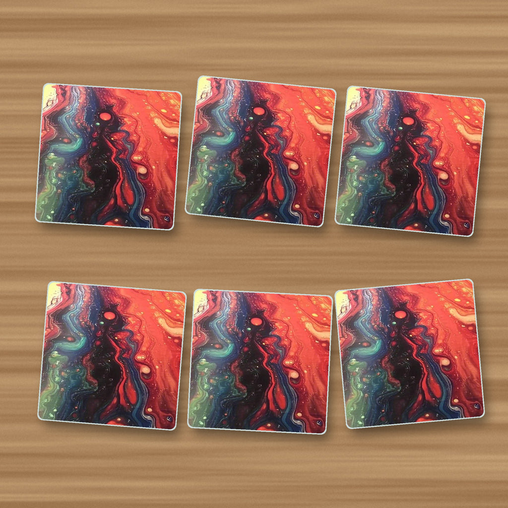 Red & Teal Fluid Art square glass coasters, set of 6, on an oak coffee table