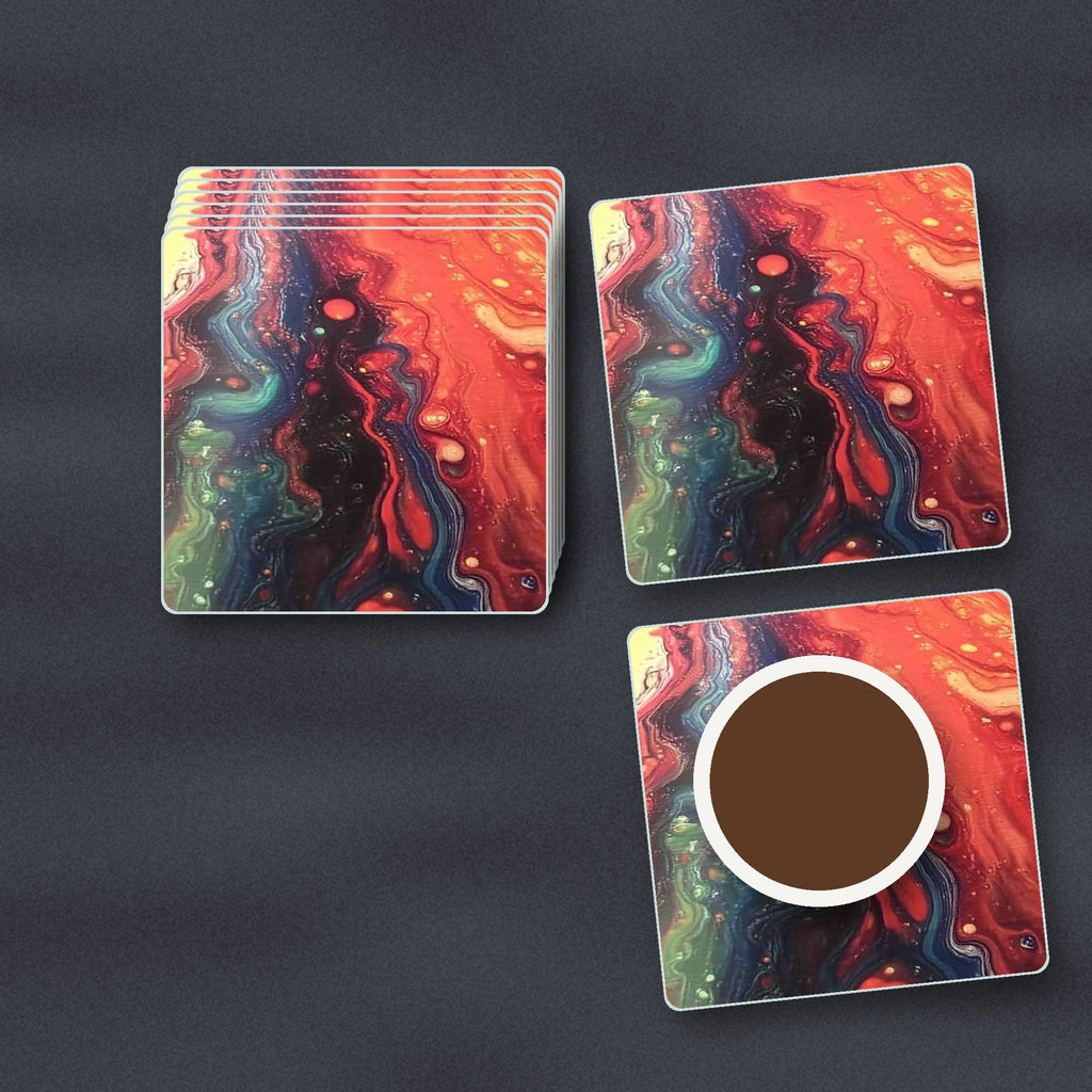 Red & Teal Fluid Art square glass coasters stacked on a slate kitchen worktop