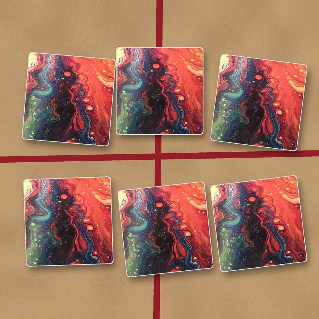 Red & Teal Fluid Art square glass coasters on kraft gift wrap