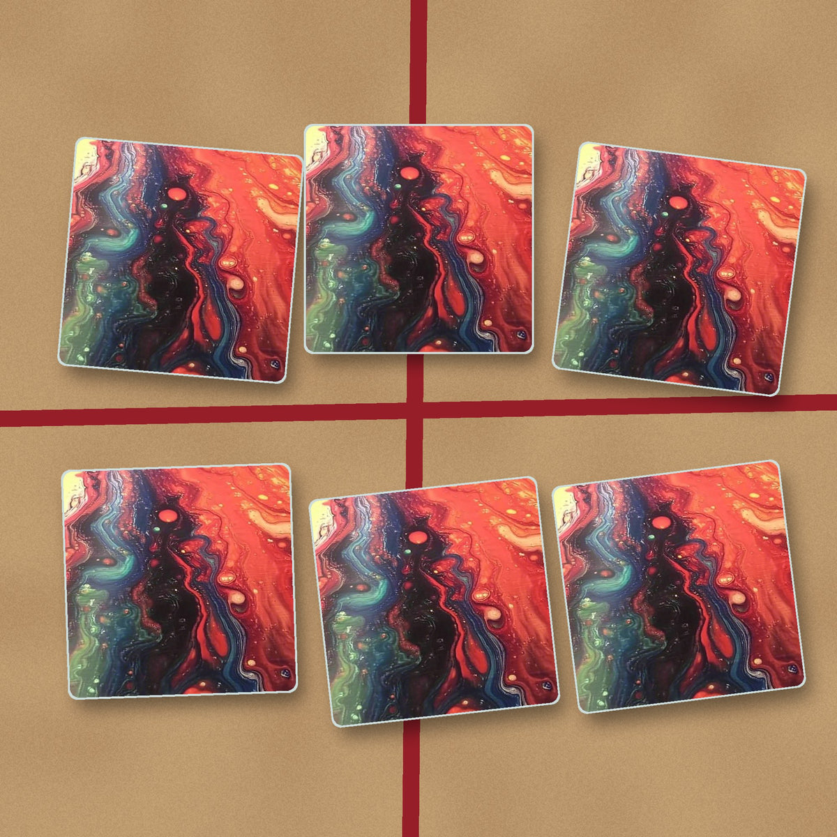 Red & Teal Fluid Art square glass coasters on kraft gift wrap