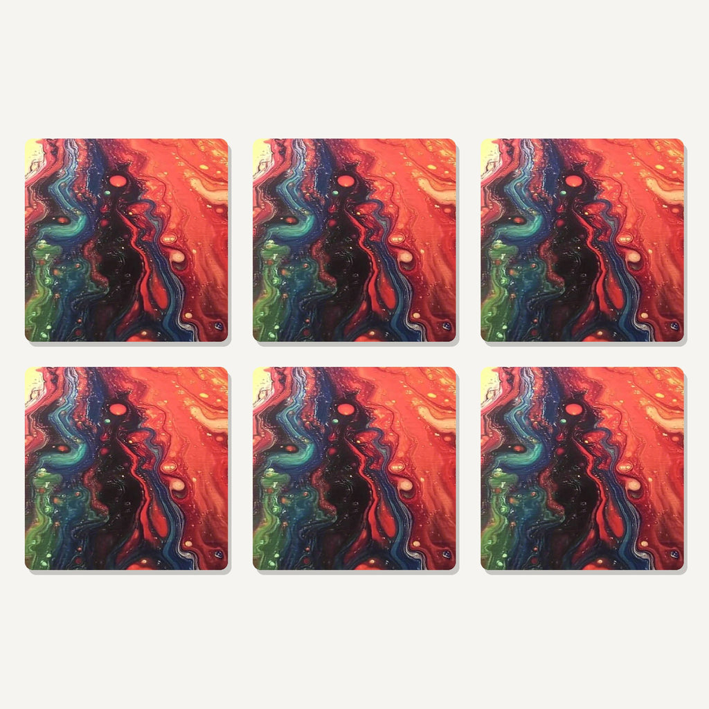 Flat lay of the red & teal fluid art artwork on six square coasters