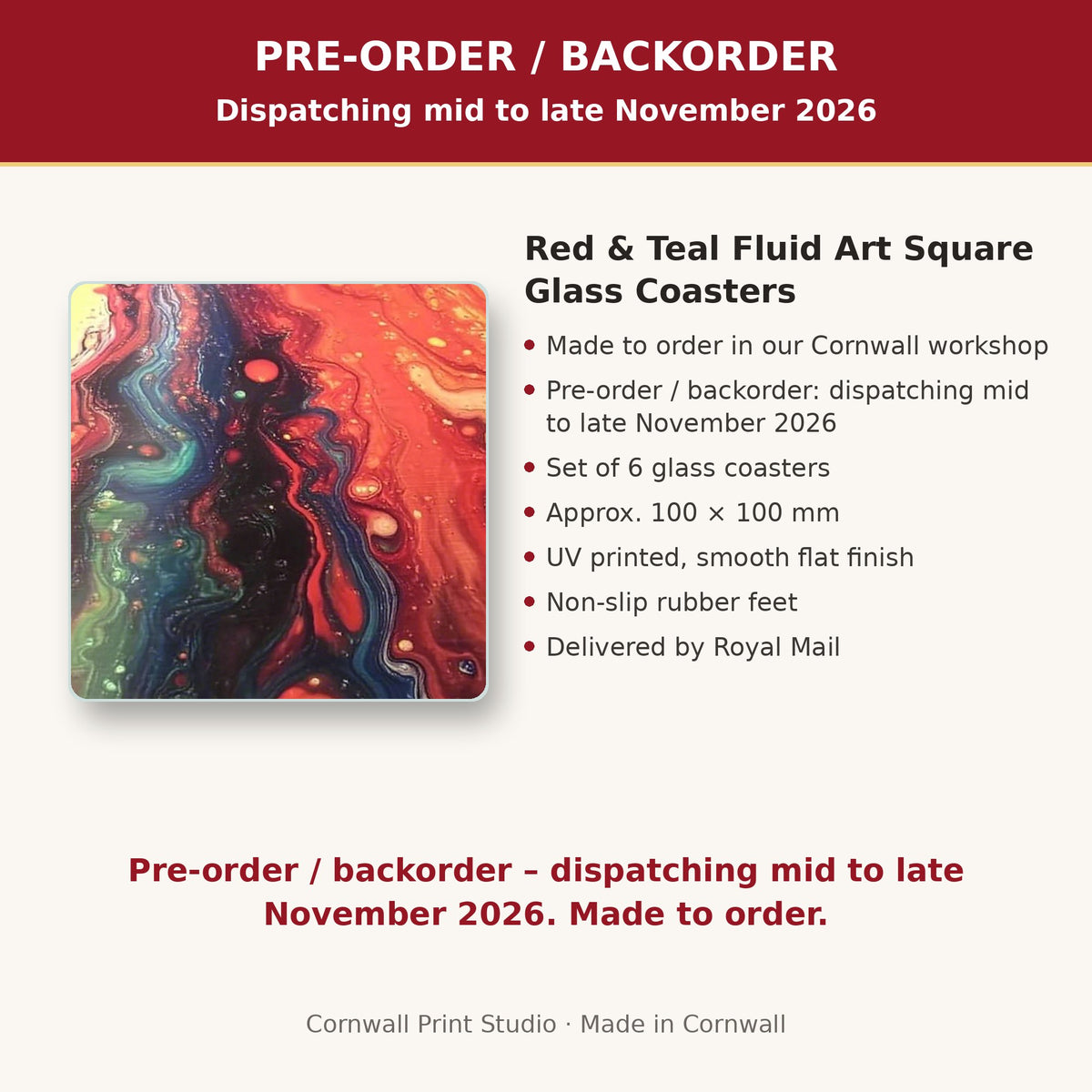 Info card: Red & Teal Fluid Art Square Glass Coasters – Set of 6, made to order, dispatching mid to late November 2026, delivered by Royal Mail