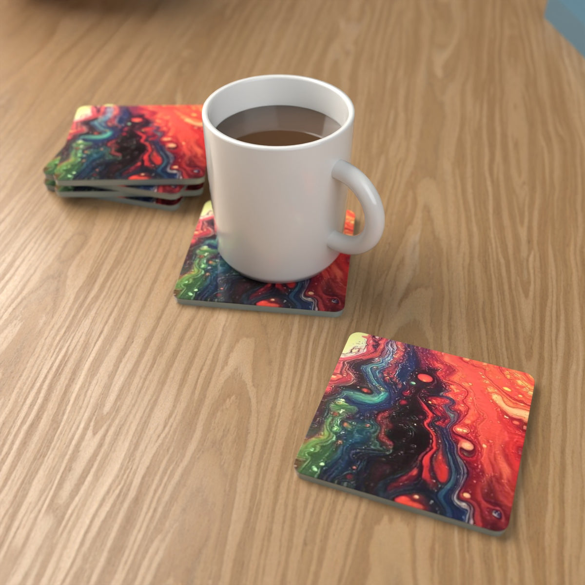 Red & Teal Fluid Art Square Glass Coasters – Set of 6 – lifestyle mockup with a mug of coffee