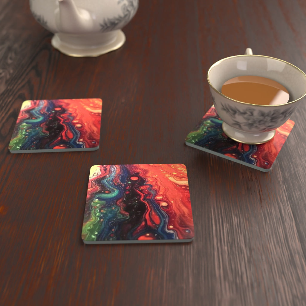 Red & Teal Fluid Art Square Glass Coasters – Set of 6 – lifestyle mockup with a teacup