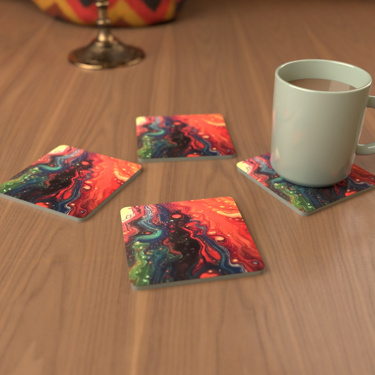 Red & Teal Fluid Art Square Glass Coasters – Set of 6 – cosy lifestyle mockup