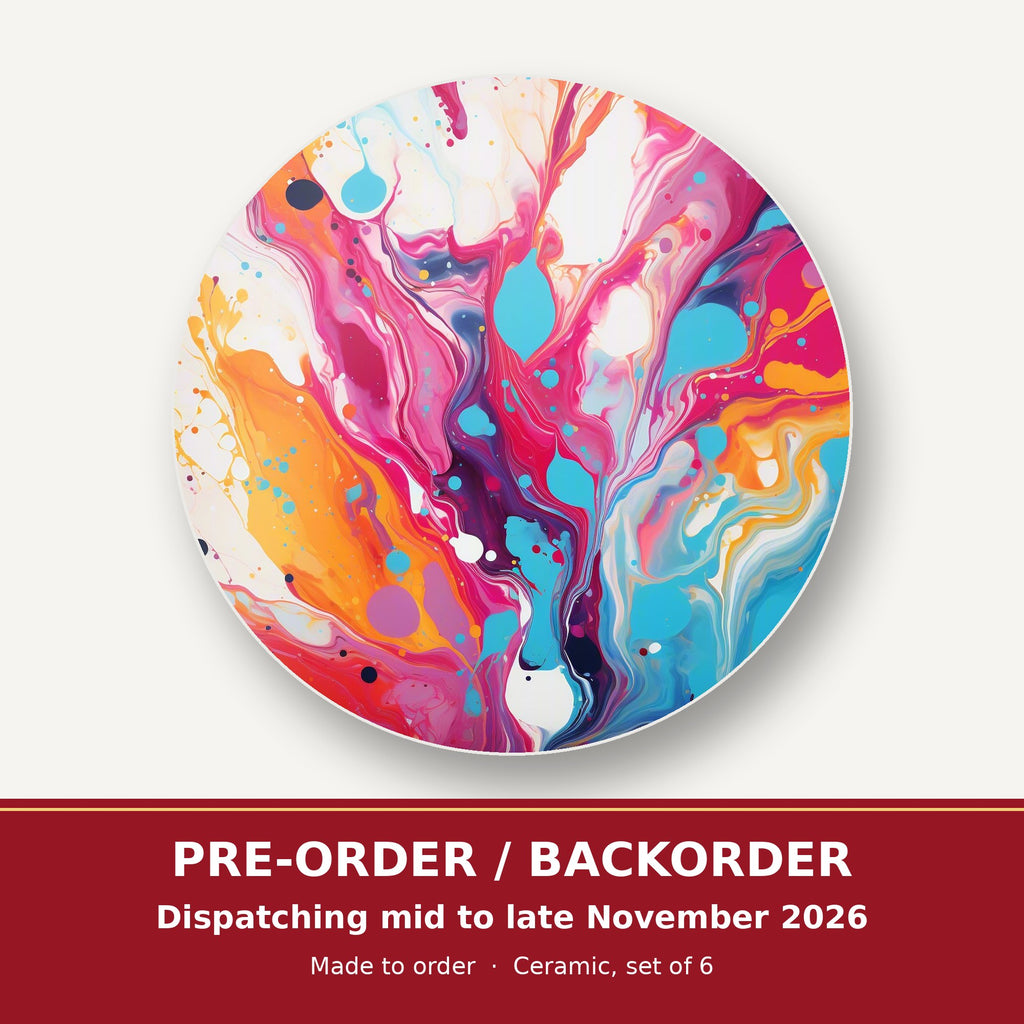 Magenta & Orange Paint Pour round ceramic coaster set of 6 – pre-order / backorder, dispatching mid to late November 2026