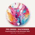 Magenta & Orange Paint Pour round ceramic coaster set of 6 – pre-order / backorder, dispatching mid to late November 2026