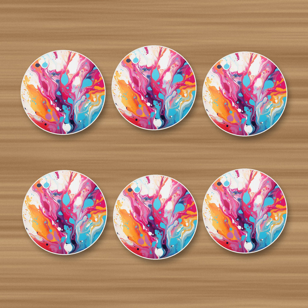 Magenta & Orange Paint Pour round ceramic coasters, set of 6, on an oak coffee table