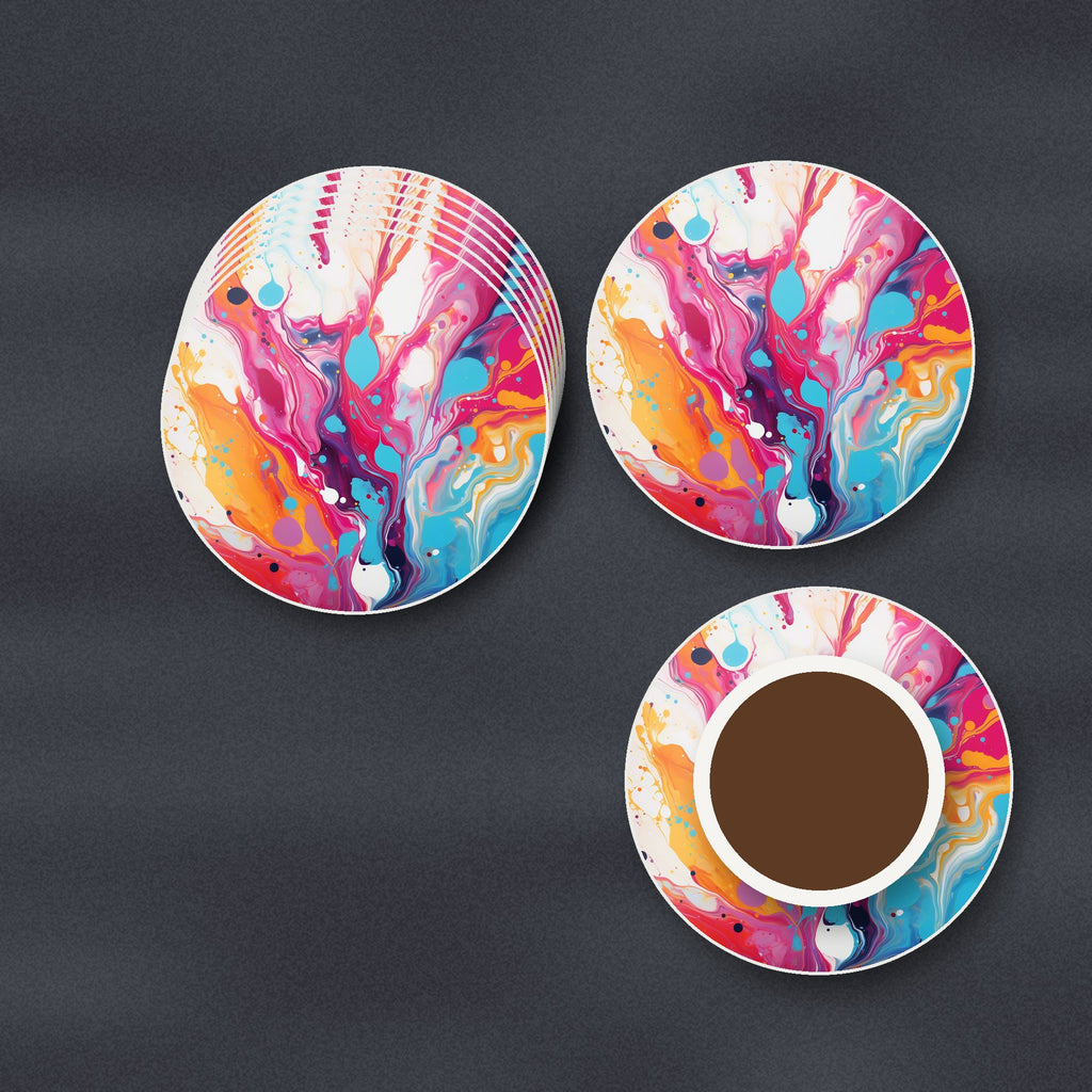 Magenta & Orange Paint Pour round ceramic coasters stacked on a slate kitchen worktop