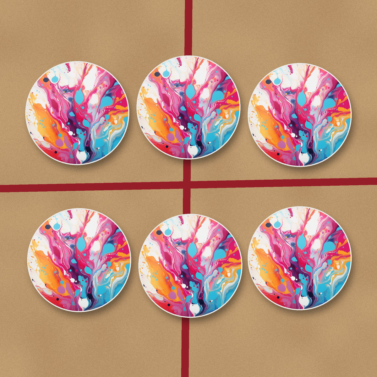 Magenta & Orange Paint Pour round ceramic coasters on kraft gift wrap