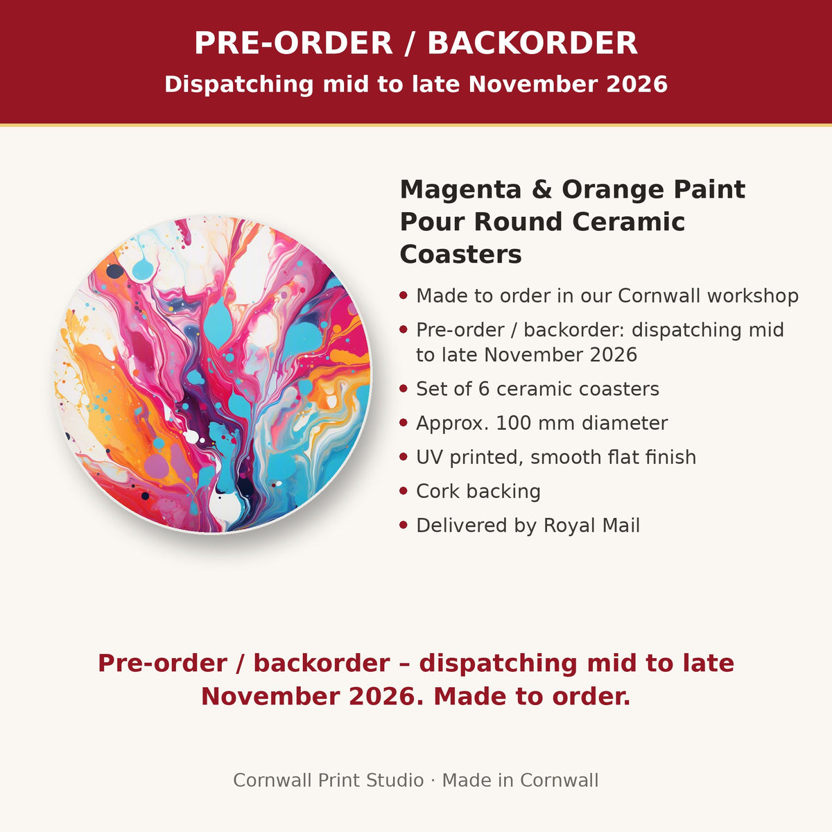 Info card: Magenta & Orange Paint Pour Round Ceramic Coasters – Set of 6, made to order, dispatching mid to late November 2026, delivered by Royal Mail