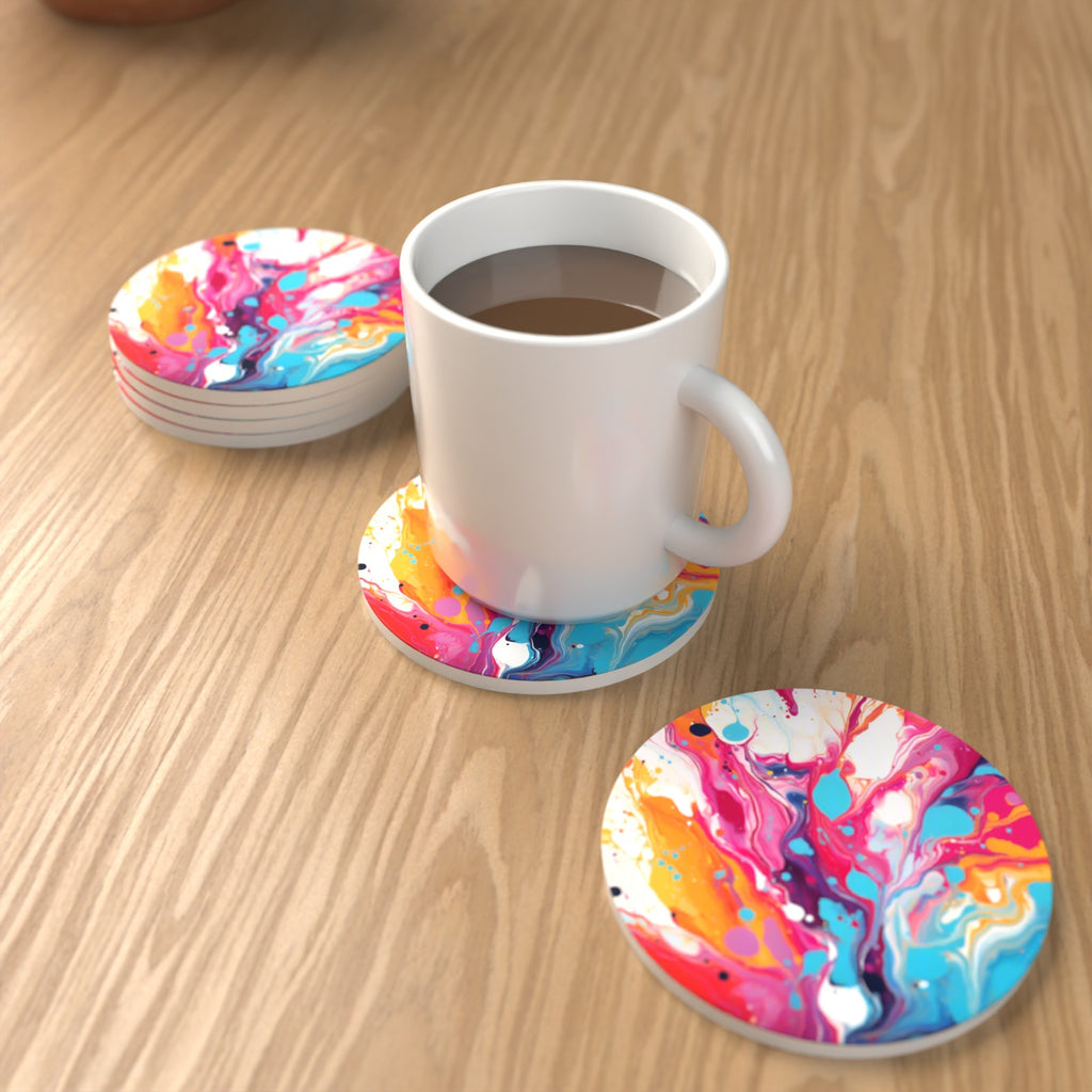 Magenta & Orange Paint Pour Round Ceramic Coasters – Set of 6 – lifestyle mockup with a mug of coffee