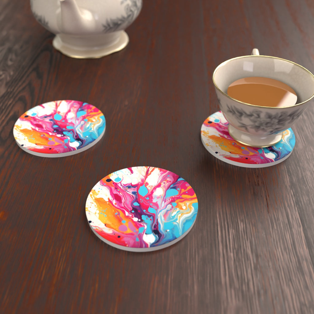 Magenta & Orange Paint Pour Round Ceramic Coasters – Set of 6 – lifestyle mockup with a teacup