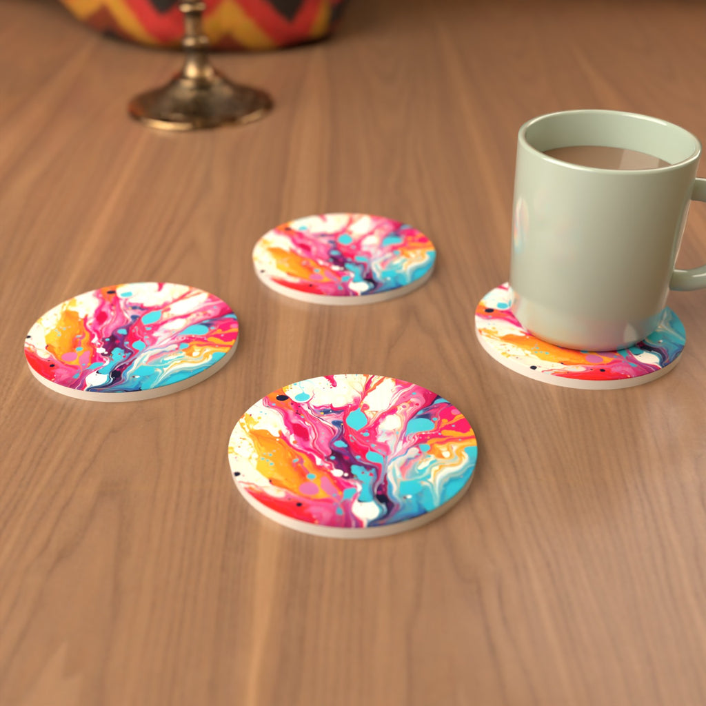 Magenta & Orange Paint Pour Round Ceramic Coasters – Set of 6 – cosy lifestyle mockup