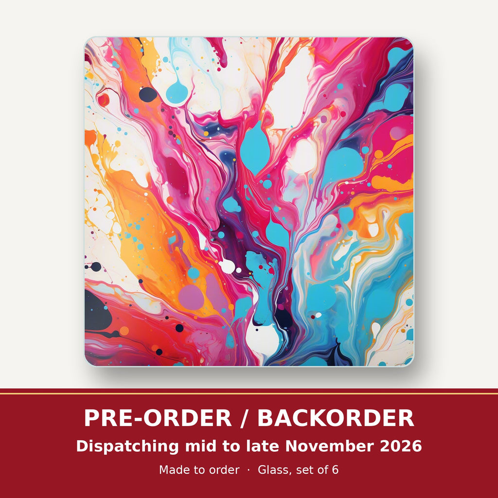 Magenta & Orange Paint Pour square glass coaster set of 6 – pre-order / backorder, dispatching mid to late November 2026