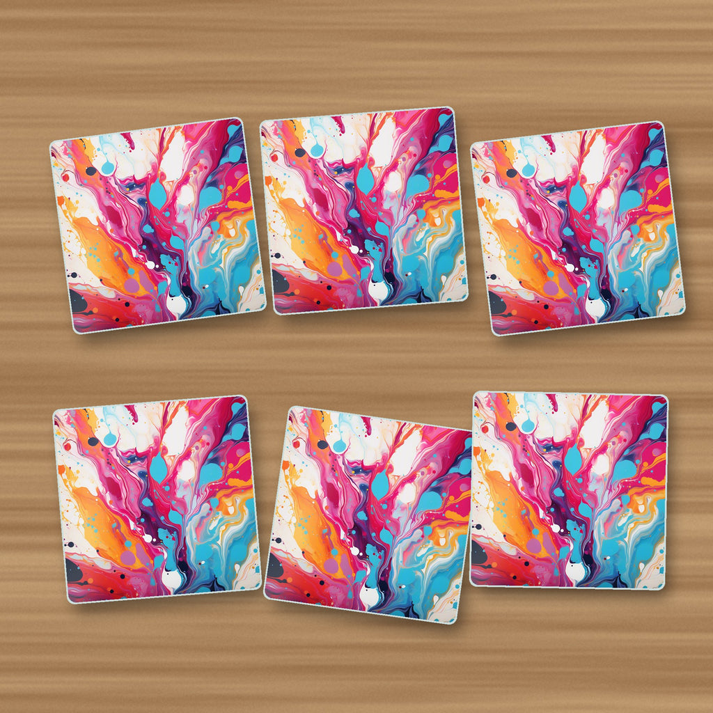 Magenta & Orange Paint Pour square glass coasters, set of 6, on an oak coffee table