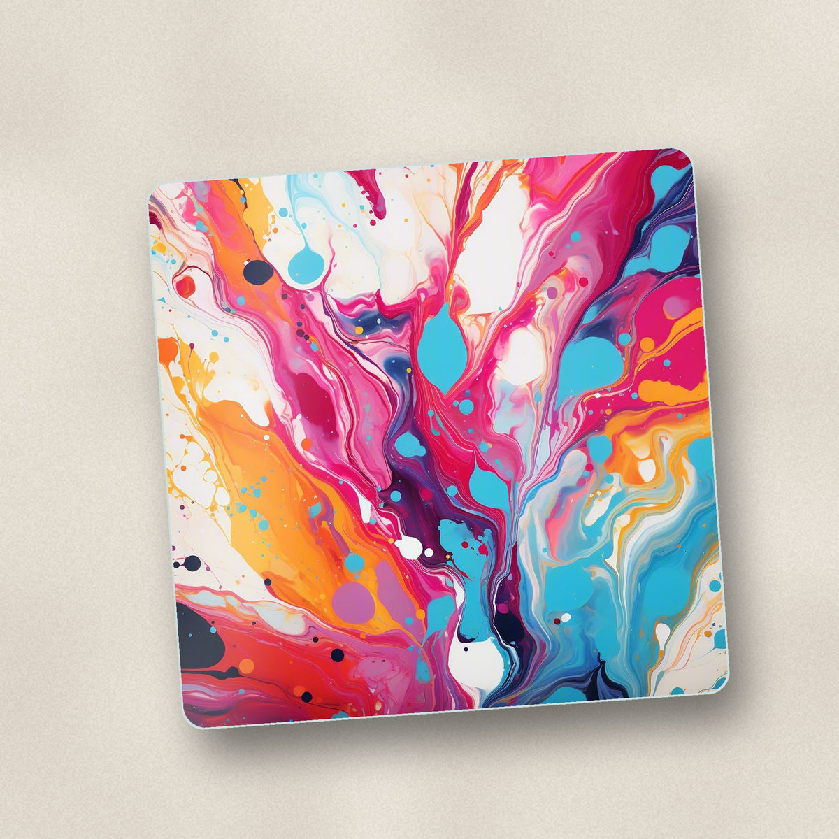 Close-up of one magenta & orange paint pour square glass coaster, flat UV print