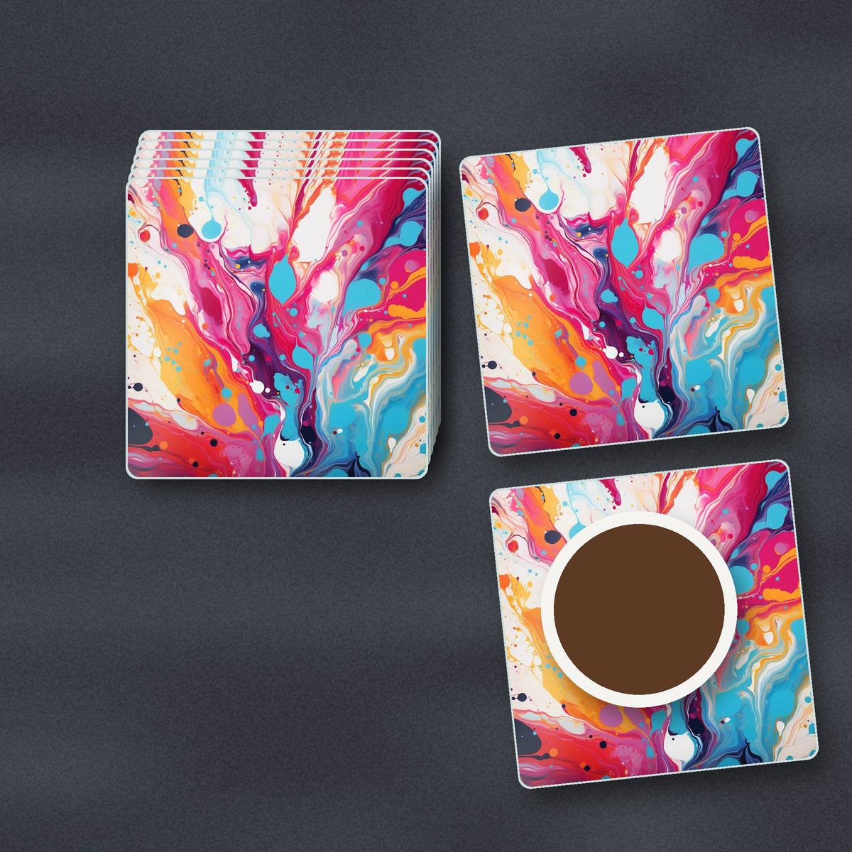 Magenta & Orange Paint Pour square glass coasters stacked on a slate kitchen worktop
