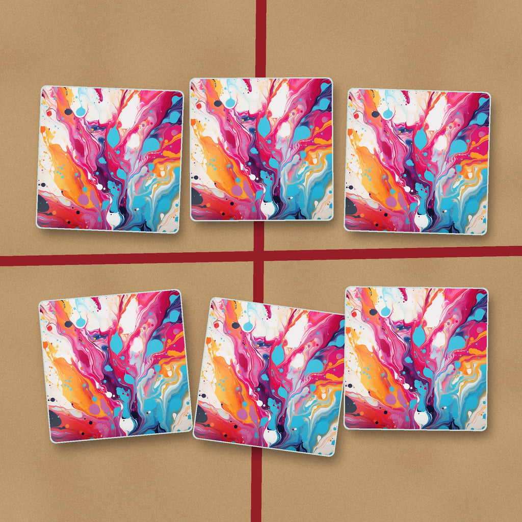 Magenta & Orange Paint Pour square glass coasters on kraft gift wrap