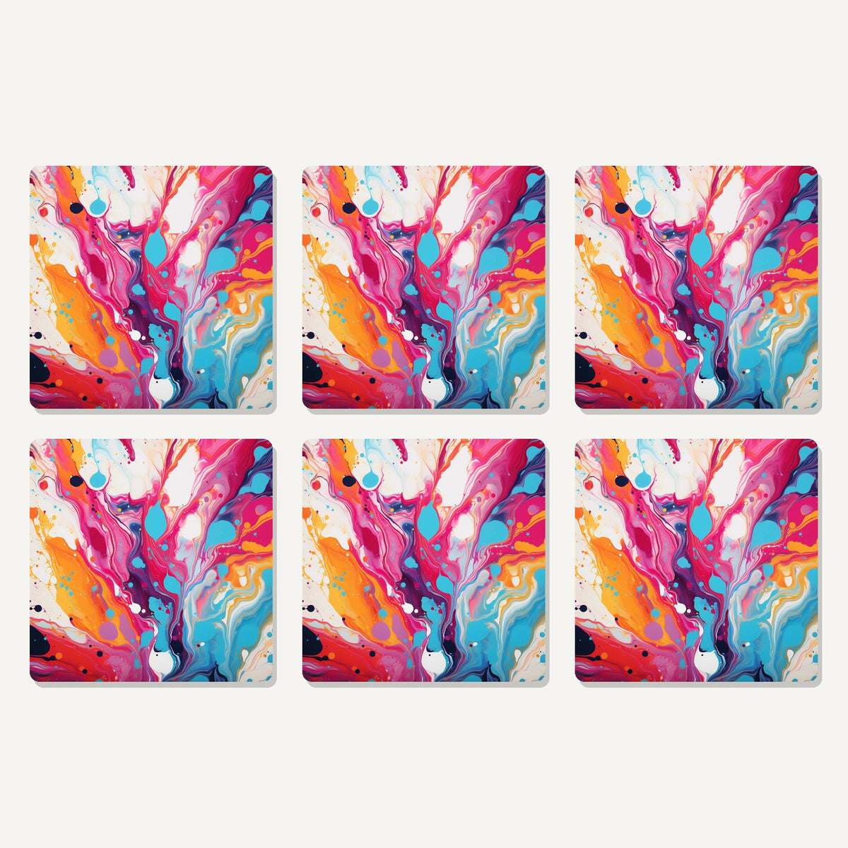 Flat lay of the magenta & orange paint pour artwork on six square coasters