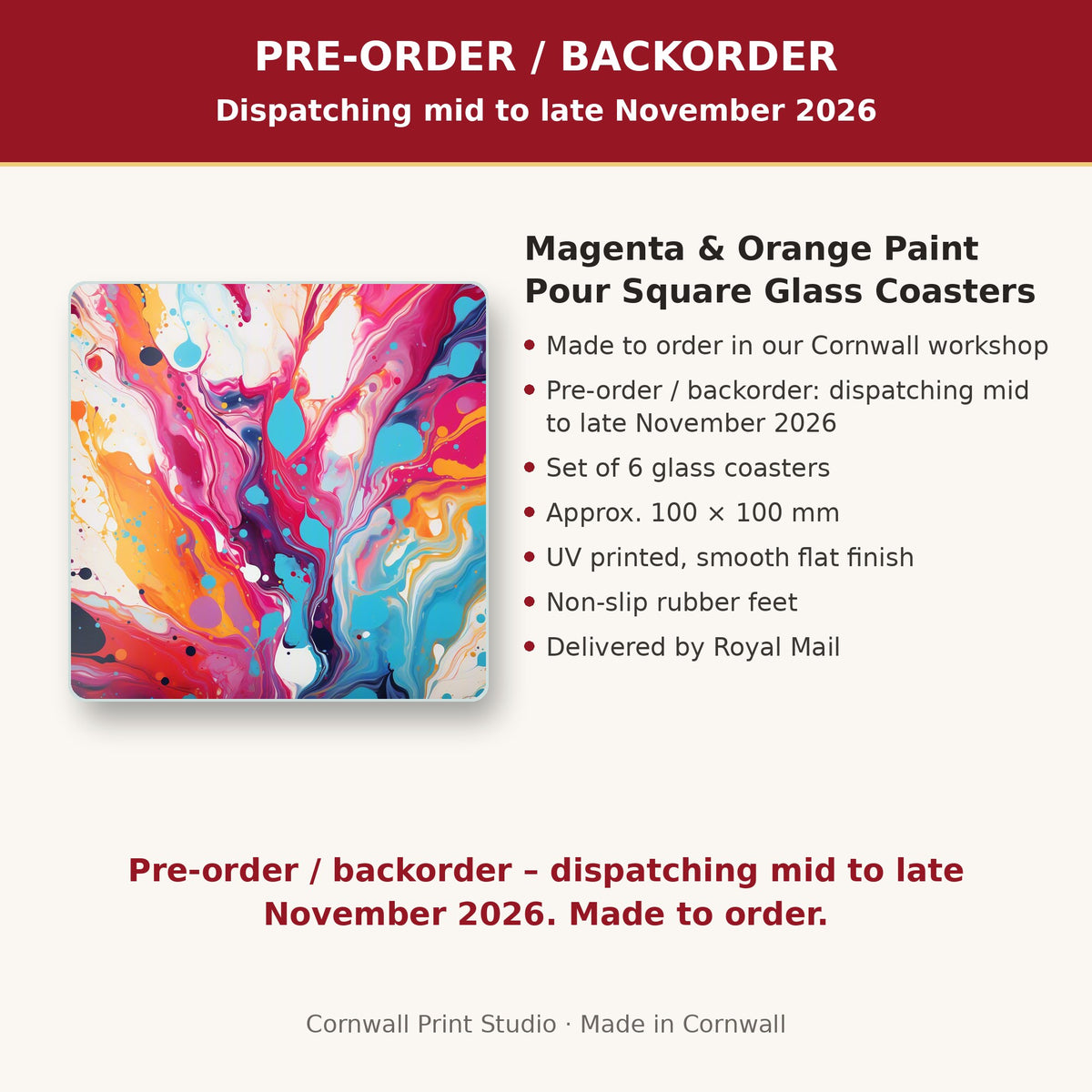 Info card: Magenta & Orange Paint Pour Square Glass Coasters – Set of 6, made to order, dispatching mid to late November 2026, delivered by Royal Mail